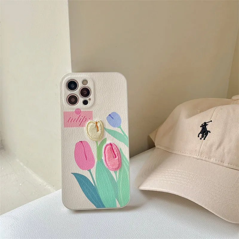 Embroidered Tulip Phone Case Floral Cover