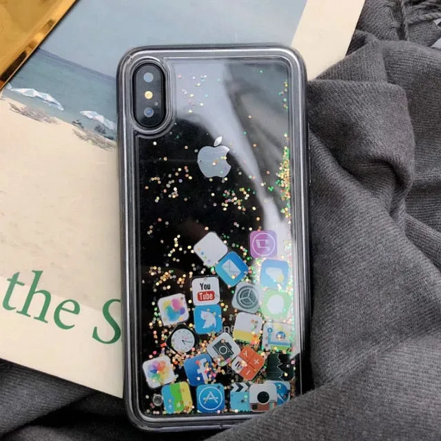 For iPhone 8 Liquid Hard PC Clear Phone Shell For iPhone 6 6S 7 8 Plus X XS XR MAX Cases Quicksand Cover Cute APP icon Case Capa