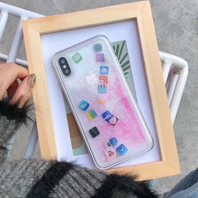 For iPhone 8 Liquid Hard PC Clear Phone Shell For iPhone 6 6S 7 8 Plus X XS XR MAX Cases Quicksand Cover Cute APP icon Case Capa
