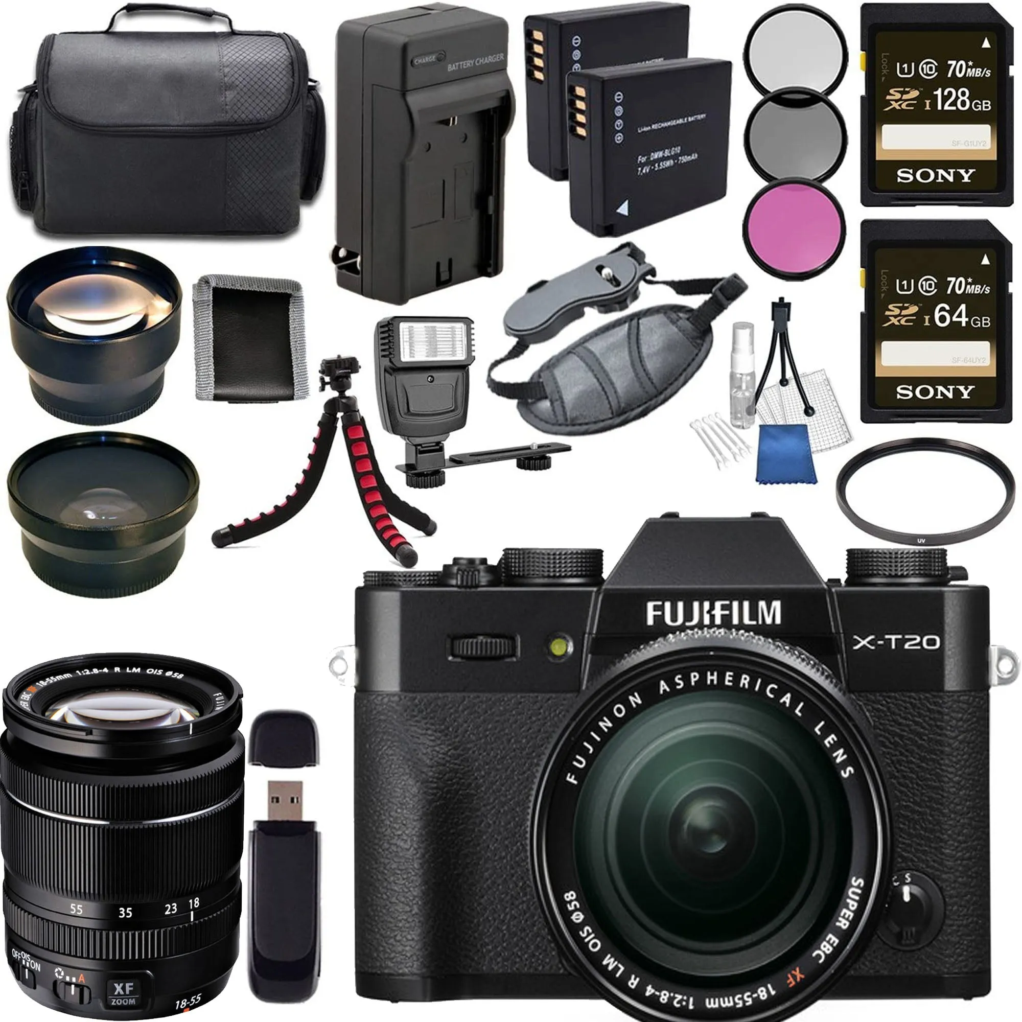 Fujifilm X-T20 Mirrorless Digital Camera with 18-55mm Lens (Black) &amp; NP-W126 Battery   Charger   Case   Tripod   Flash Bundle