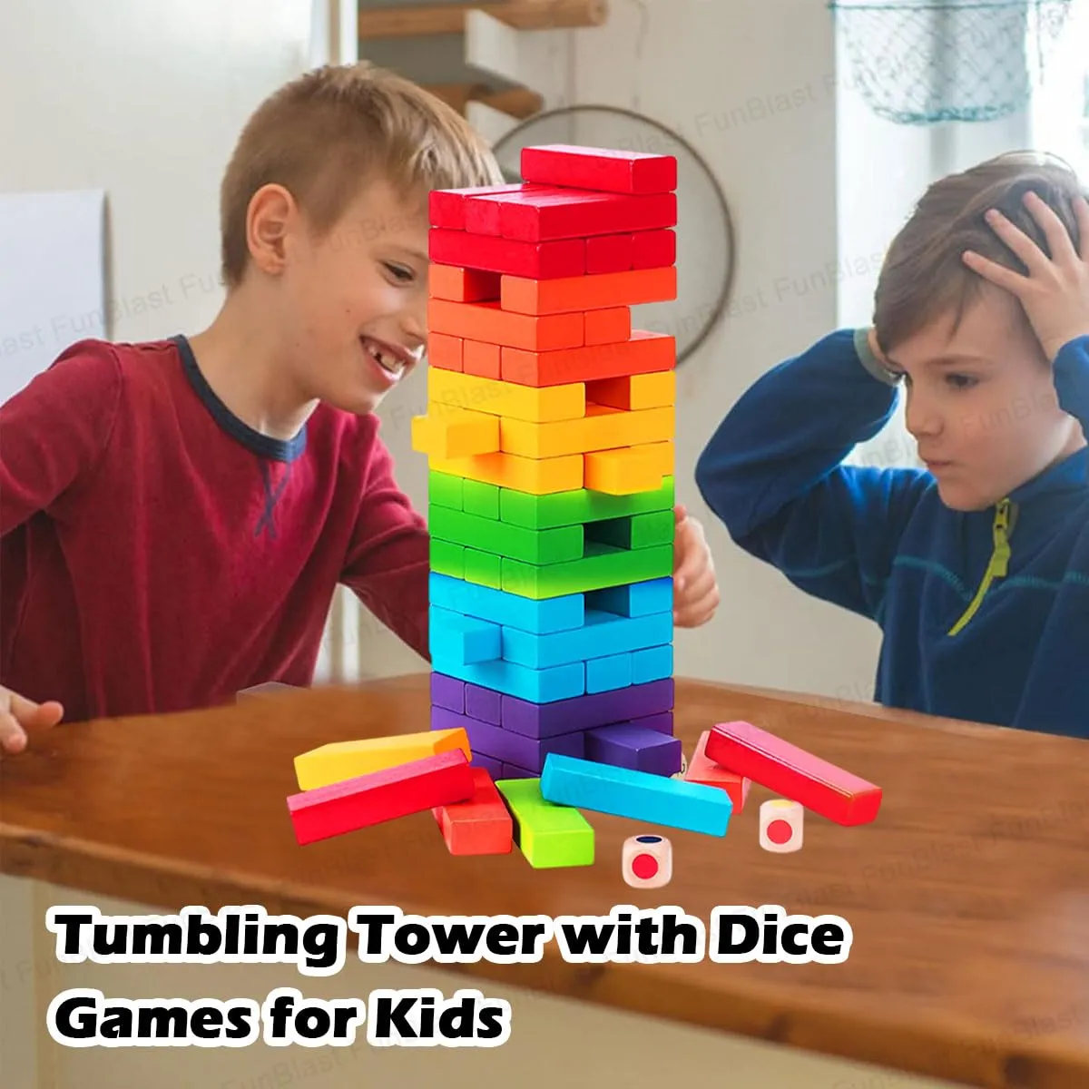 FunBlast Wooden Blocks 48 Pcs Challenging Color Wooden Tumbling Tower, Toys with Dices Board Educational Puzzle Game (Multi Color)