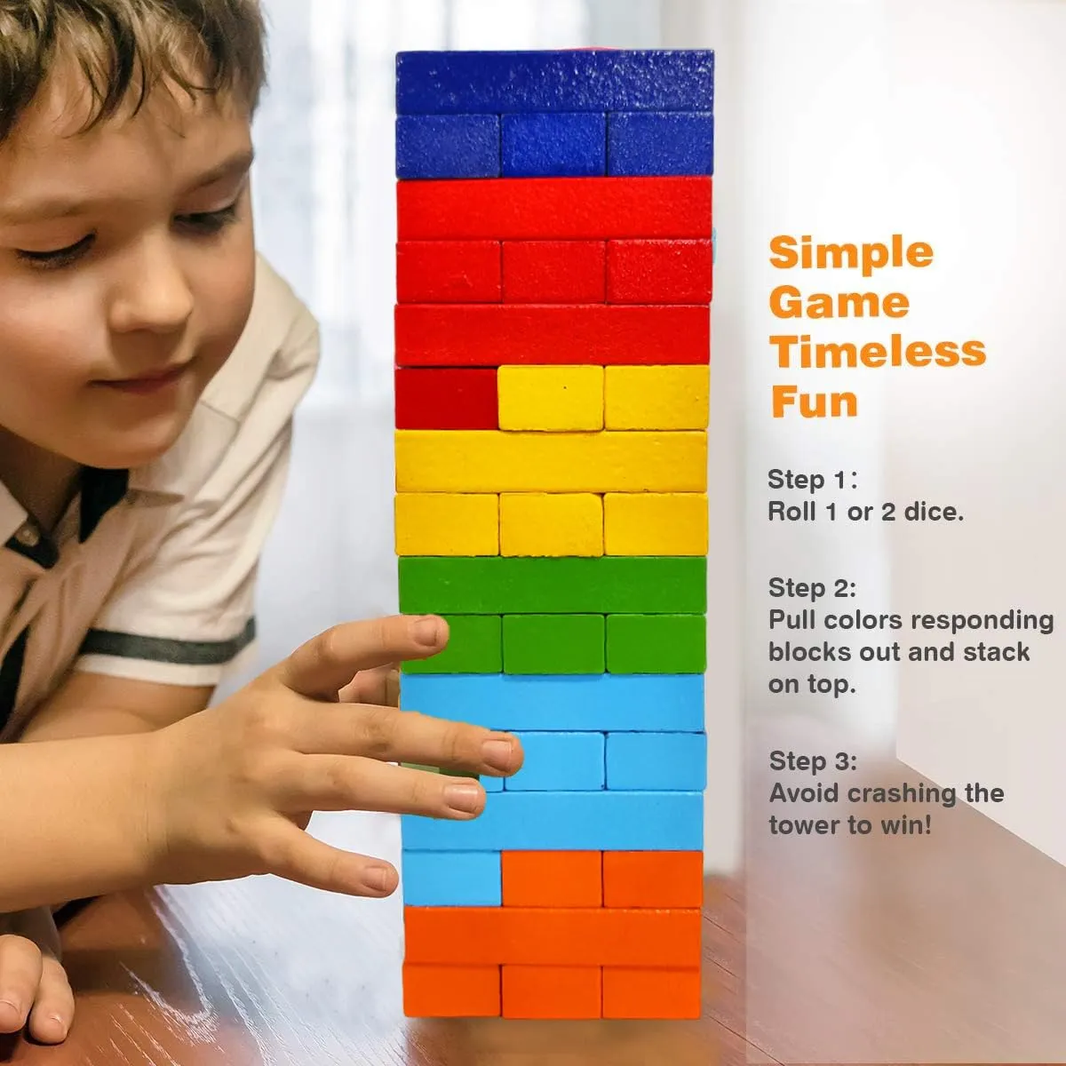 FunBlast Wooden Blocks 48 Pcs Challenging Color Wooden Tumbling Tower, Toys with Dices Board Educational Puzzle Game (Multi Color)