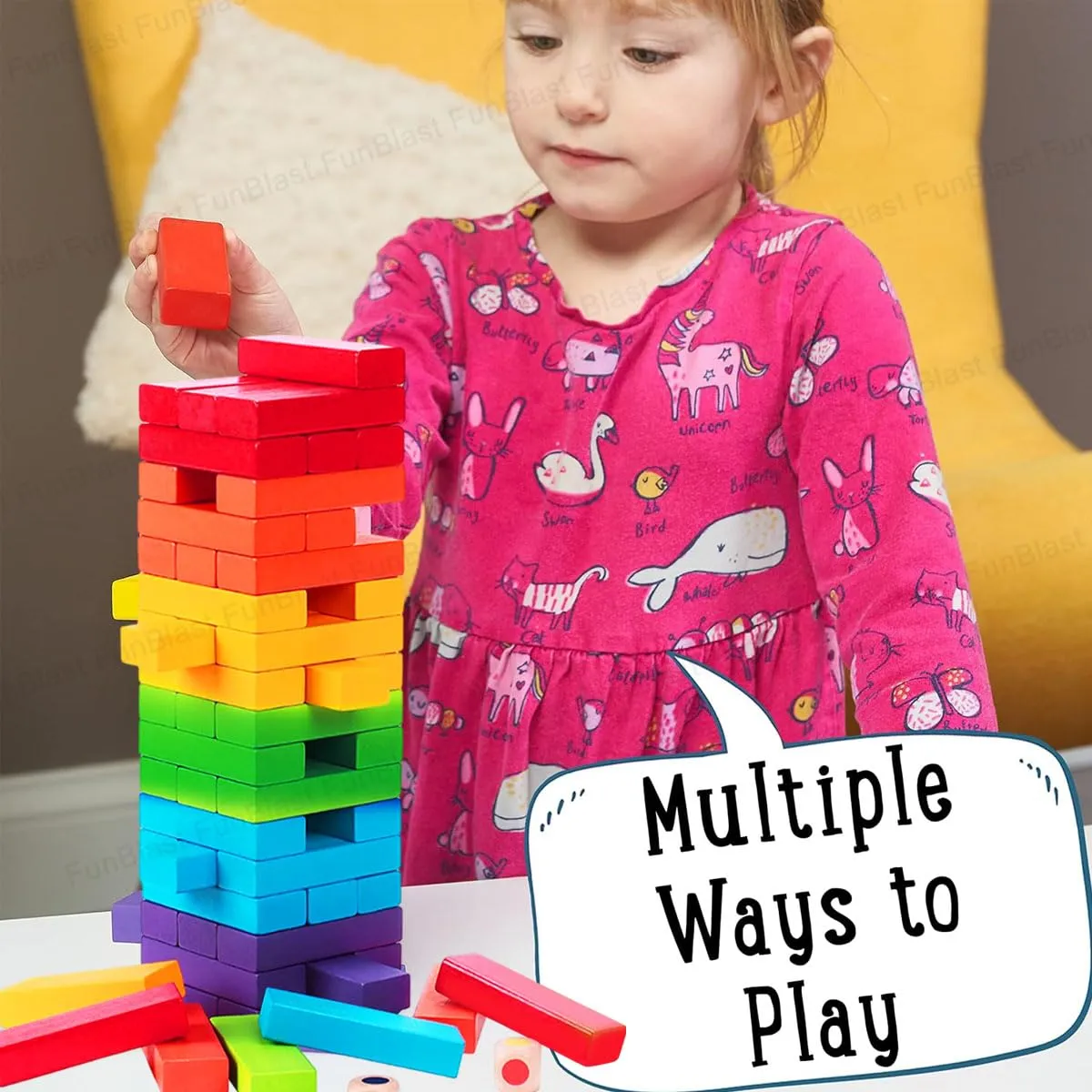 FunBlast Wooden Blocks 48 Pcs Challenging Color Wooden Tumbling Tower, Toys with Dices Board Educational Puzzle Game (Multi Color)