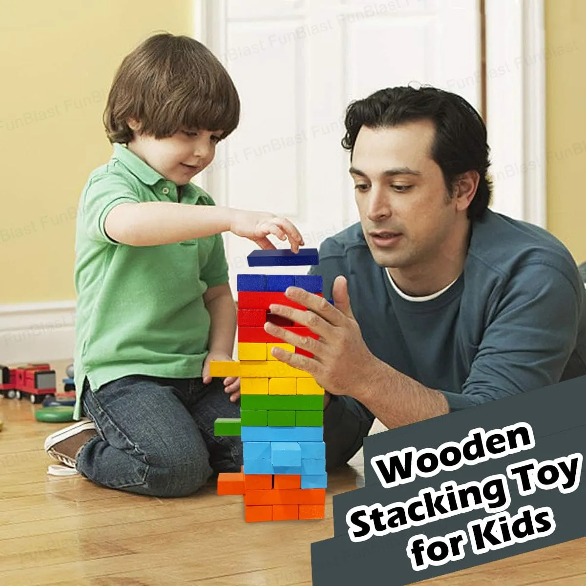 FunBlast Wooden Blocks 48 Pcs Challenging Color Wooden Tumbling Tower, Toys with Dices Board Educational Puzzle Game (Multi Color)