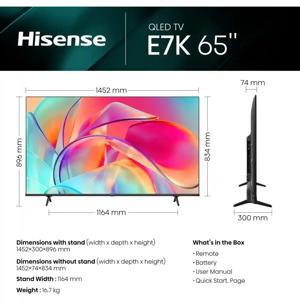 Hisense E7 Series 65E7KQTUK 65" 4K HDR UHD Smart QLED TV Dolby Vision & Atmos