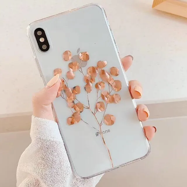 Luxury Glitter Transparent Case For iPhone 8 7 Plus X XS Max XR 11 Pro Max Gold Leaf  Clear Back Cover Soft Fundas Coque
