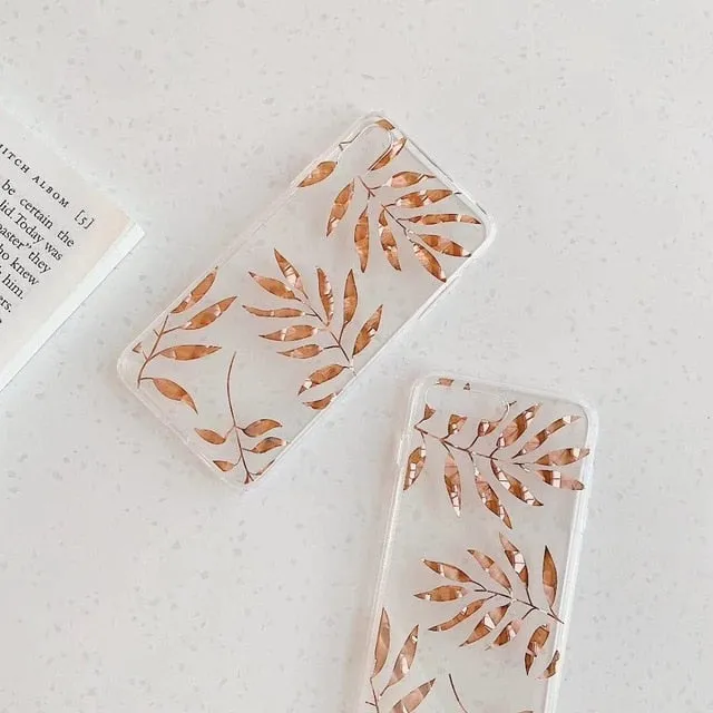 Luxury Glitter Transparent Case For iPhone 8 7 Plus X XS Max XR 11 Pro Max Gold Leaf  Clear Back Cover Soft Fundas Coque