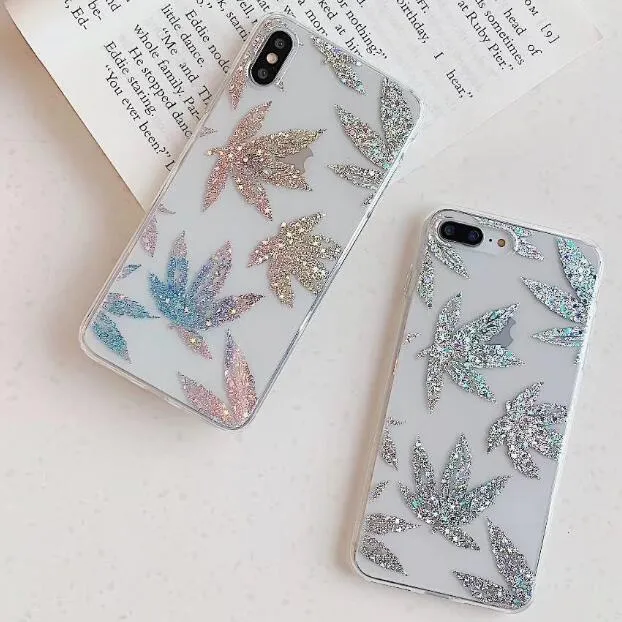Luxury Glitter Transparent Case For iPhone 8 7 Plus X XS Max XR 11 Pro Max Gold Leaf  Clear Back Cover Soft Fundas Coque