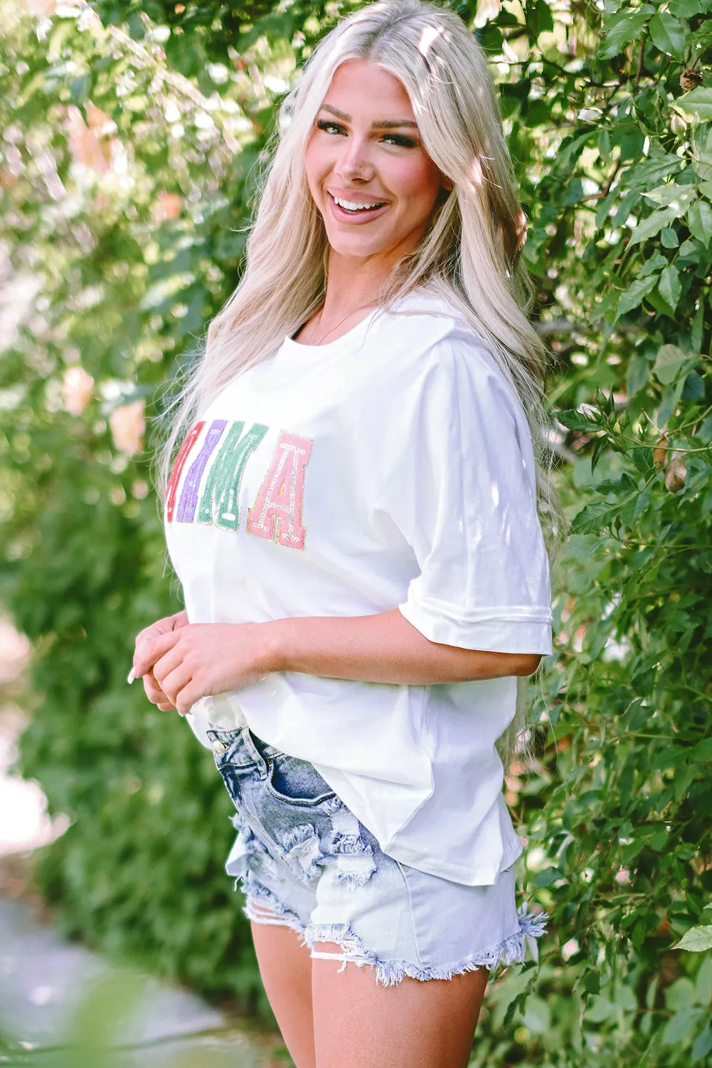MAMA Chenille Patched Crew Neck T Shirt