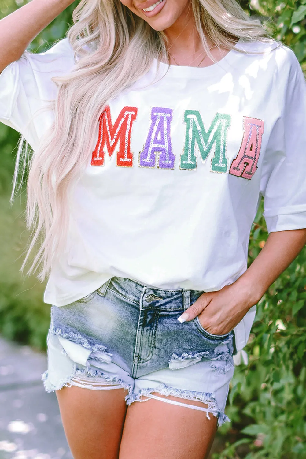 MAMA Chenille Patched Crew Neck T Shirt