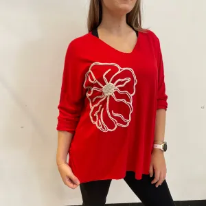 *PRE-ORDER* Side Flower V-Neck | Red