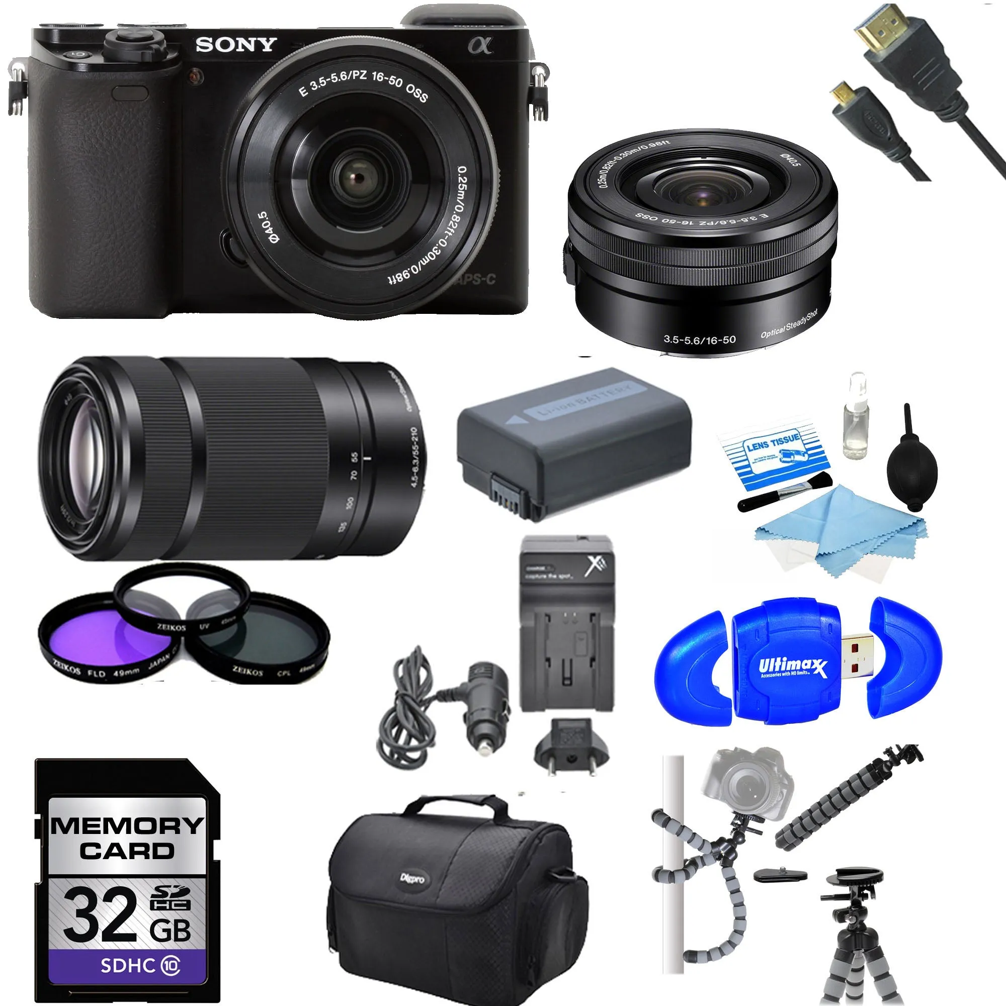 Sony Alpha a6000 Mirrorless Digital Camera with 16-50mm and 55-210mm Lenses   32GB Memory Card Starter Bundle