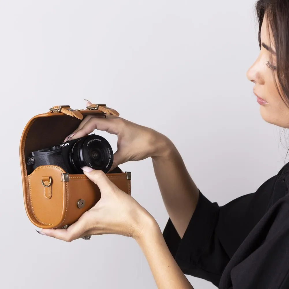 Tan Brown Melten Classic Mirrorless Leather Camera Case - Harper