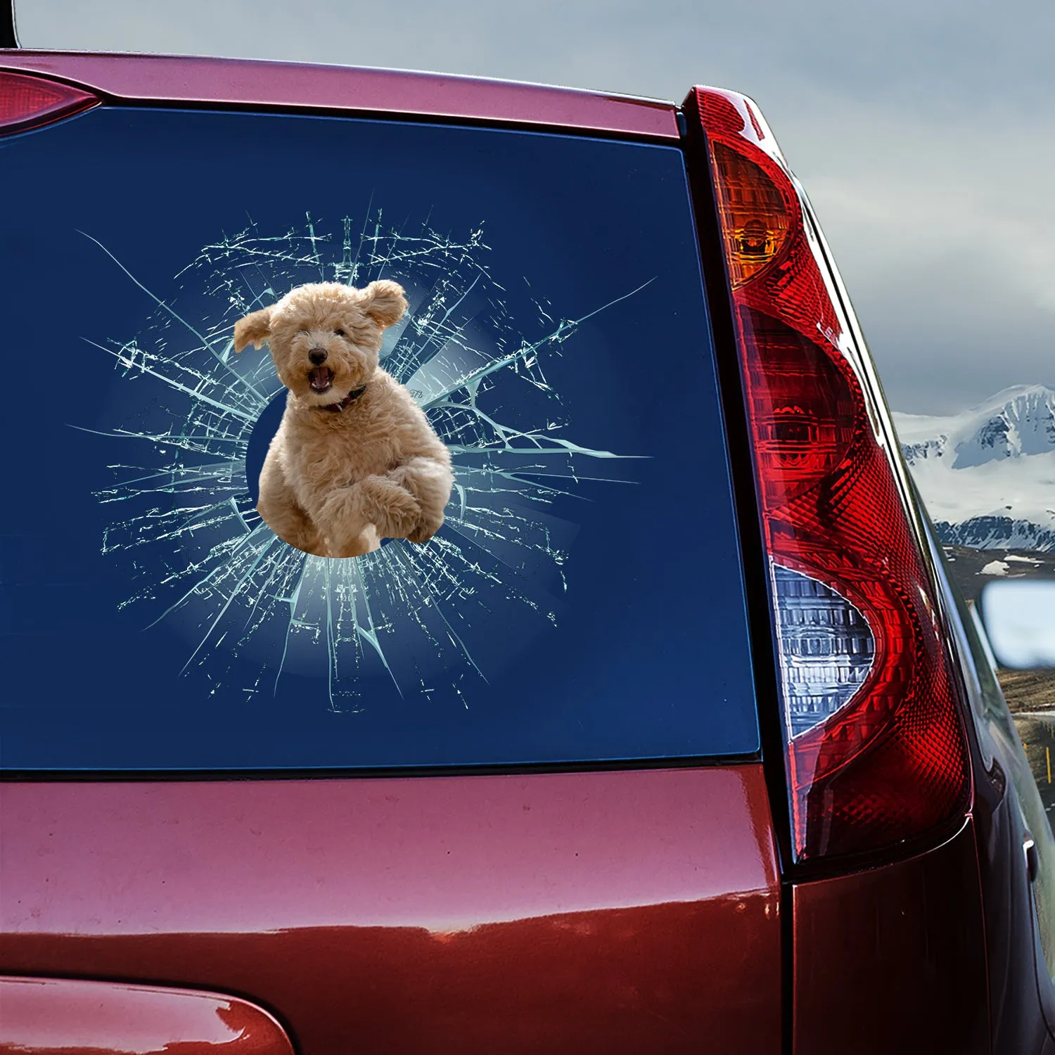 Teesdily | Funny Goldendoodle Dog Jumping Car Stickers Dog Running Cracked Glass Decal Fun Car Decoration